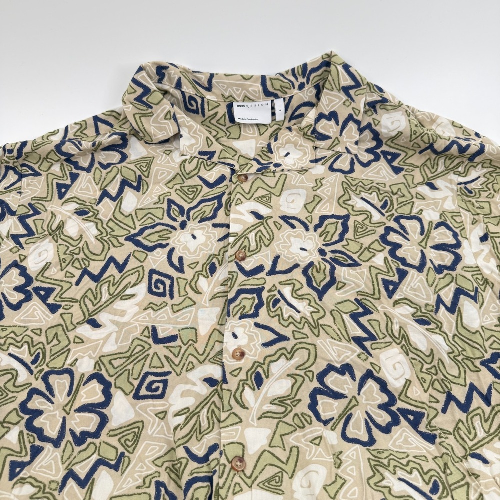 ASOS DESIGN Boxy Revere Shirt Men Large Oversized Viscose Green Hawaiian Floral - Picture 2 of 8